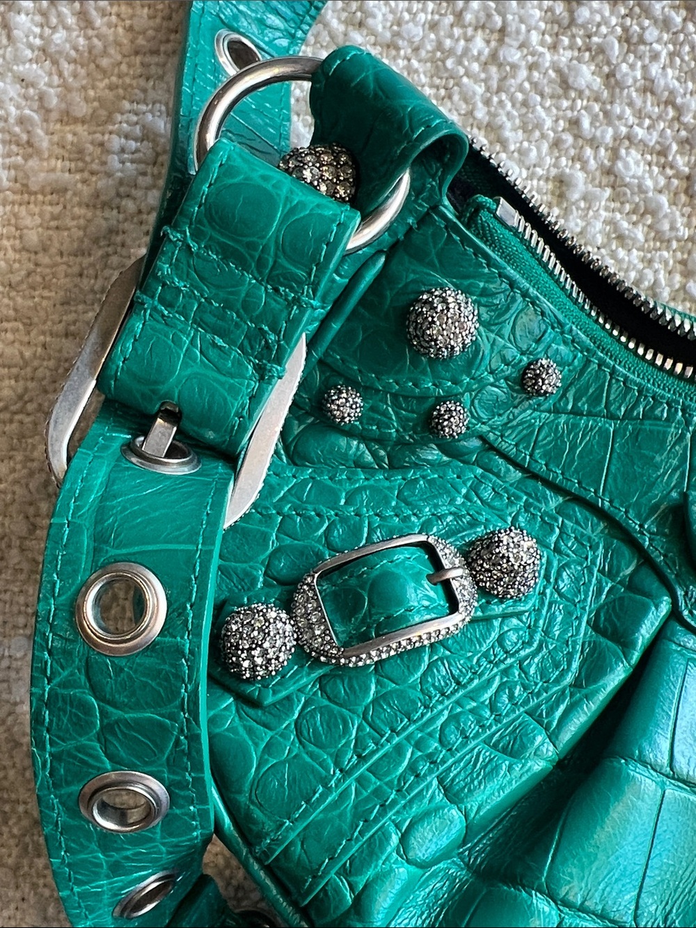 Balenciaga Calfskin Crystal Crocodile Embossed Le Cagole Shoulder Bag XS Jade - Picture 8 of 12